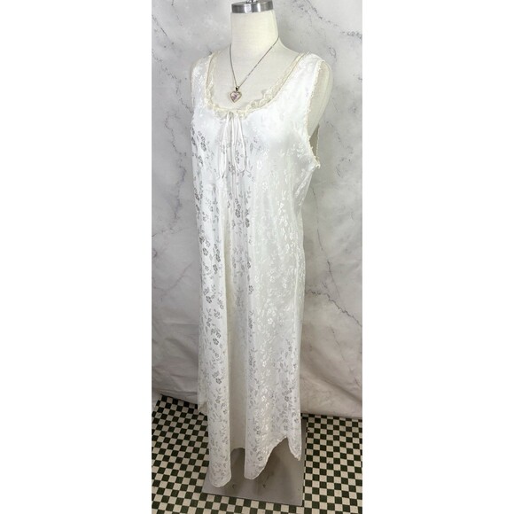 Vtg 80s Nightgown Dress White Satin Floral Lace Bridal Prairie Cottagecore SZ L - Picture 11 of 16